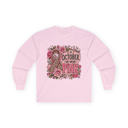 Breast Cancer Awareness Long Sleeve Tee — "In October We Wear Pink" Floral Ribbon