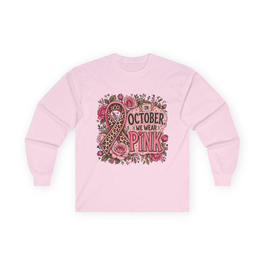 Breast Cancer Awareness Long Sleeve Tee — "In October We Wear Pink" Floral Ribbon