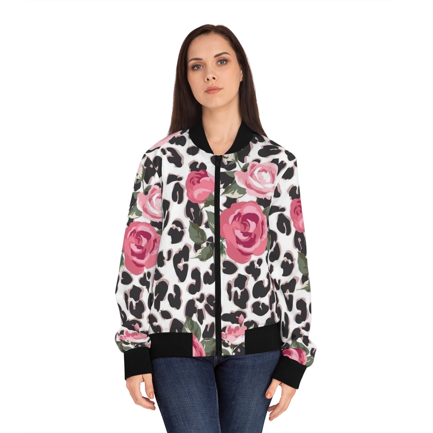 Chic Floral Leopard Bomber Jacket, Women’s Trendy Coat, Fashionable Outerwear, Perfect for Spring & Summer, Stylish Gift Idea