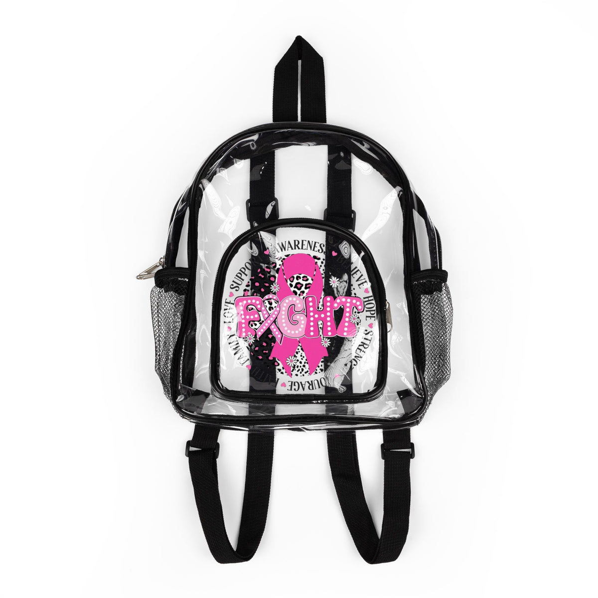 Clear Stadium Backpack — Pink Cancer Awareness “Fight” Design