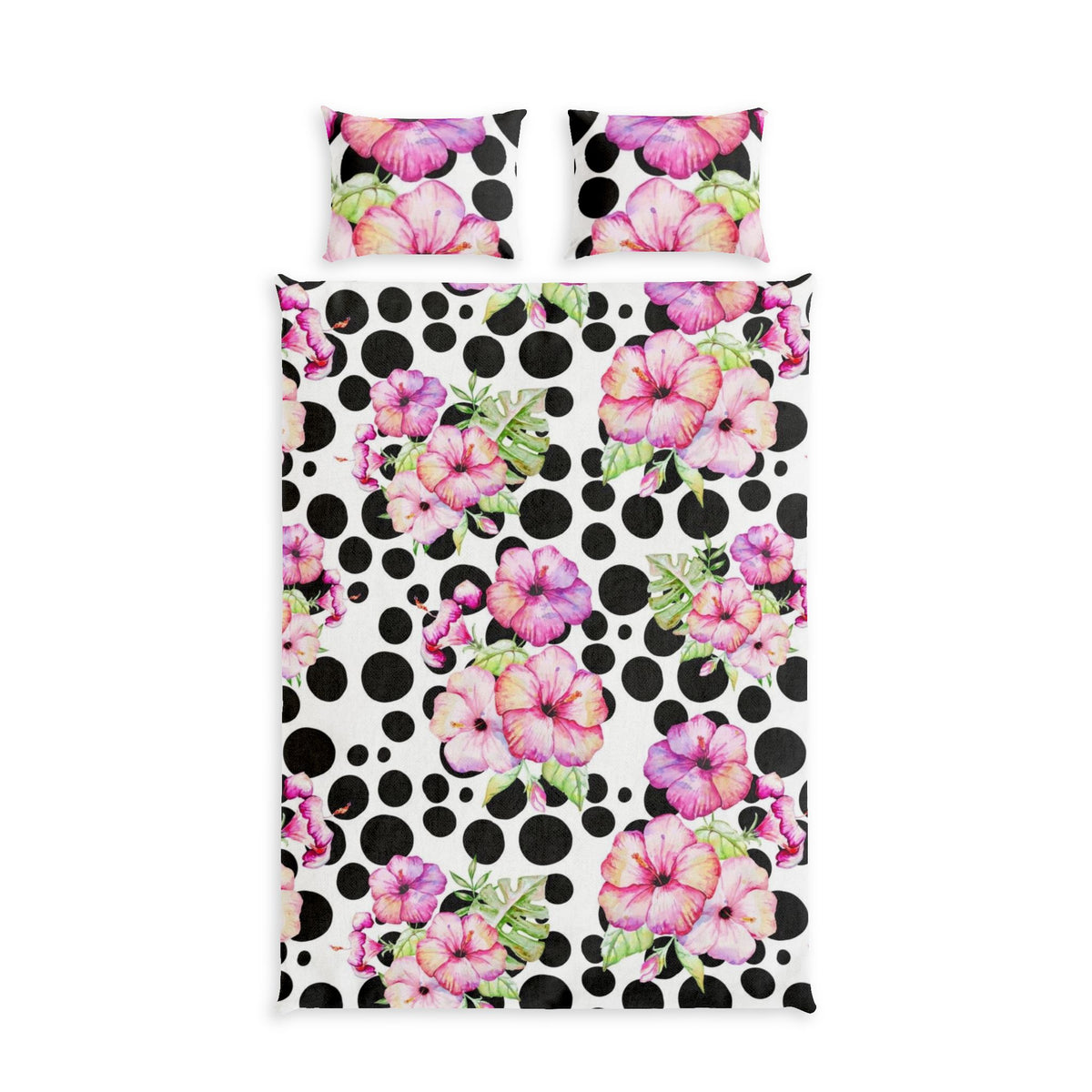 Floral Polka Dot Cotton Bed Set — Pink Petunias on Black Dots