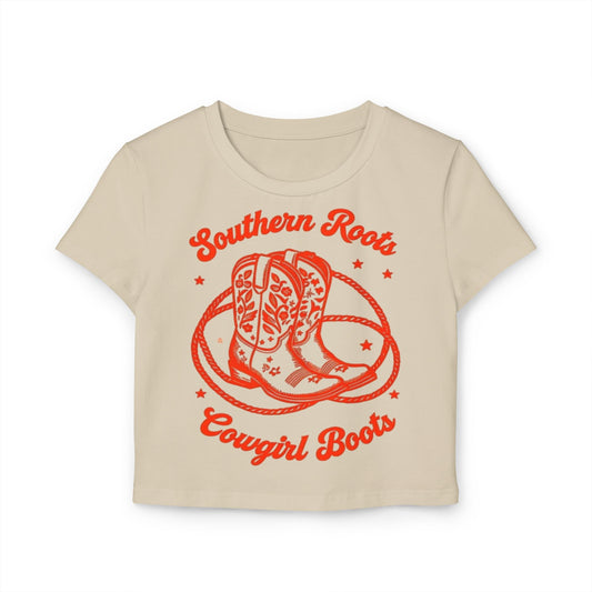Southern Roots Cowgirl Boots Baby Tee for Women – Cute Vintage Style Shirt