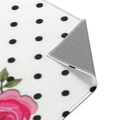 Polka Dot Rose Area Rug — Black & White Vintage Floral Accent Rug