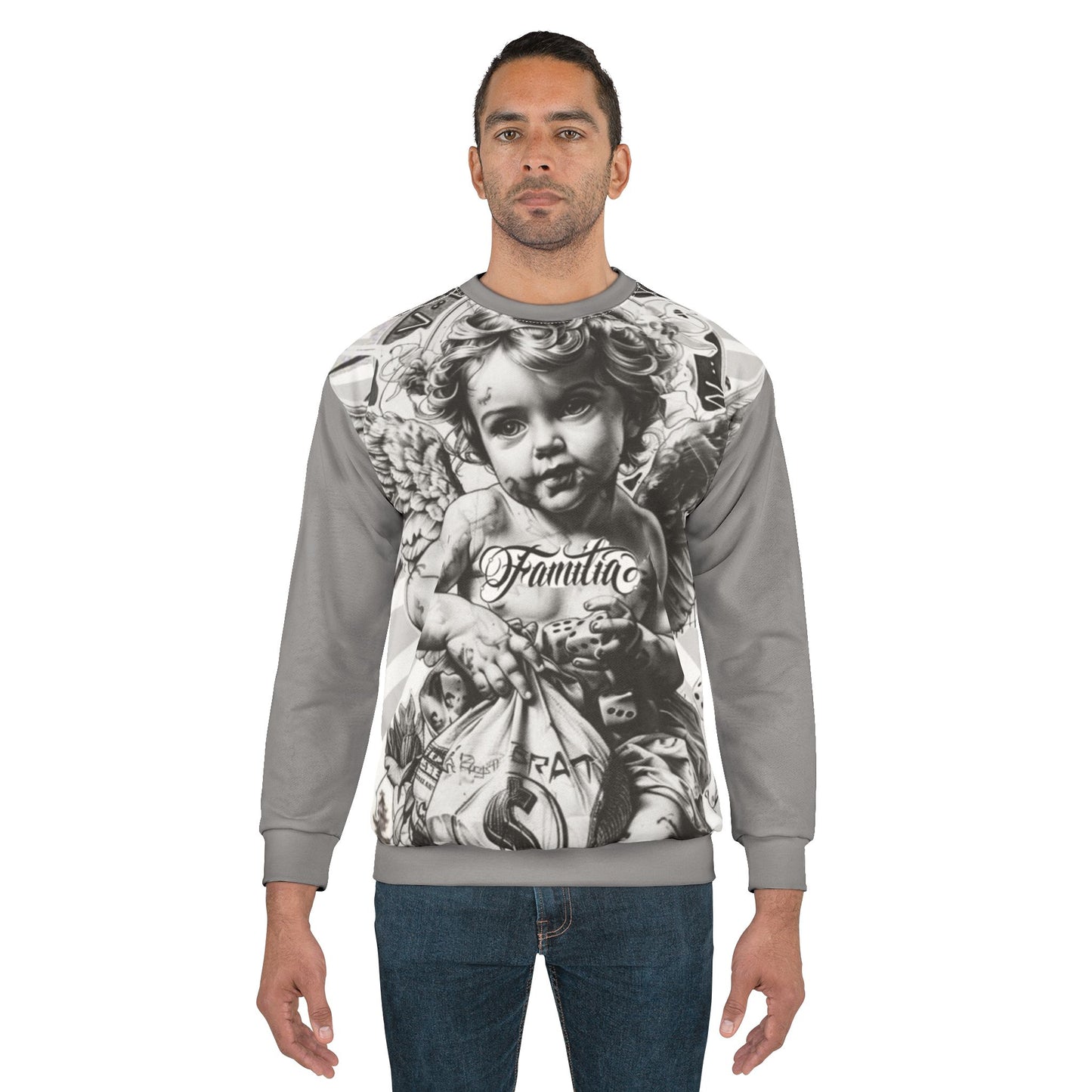 Cherub Graphic Sweatshirt — 'Familia' Tattoo-Style Angel Design