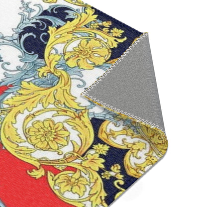 Baroque Scroll Area Rug — Red, Blue & Gold Ornate Accent Rug