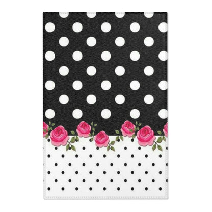 Polka Dot Rose Area Rug — Black & White Vintage Floral Accent Rug