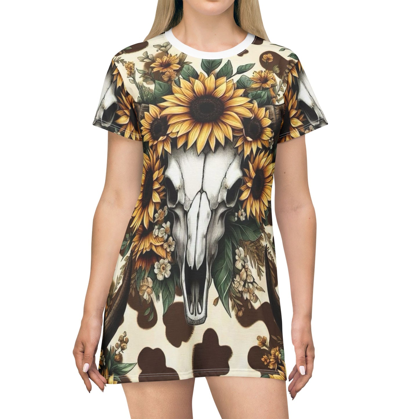 Western Style T-Shirt Dress with Bull Horns and Sunflowers Design