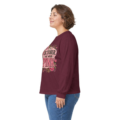 Breast Cancer Awareness Long Sleeve Tee — "In October We Wear Pink" Floral Ribbon