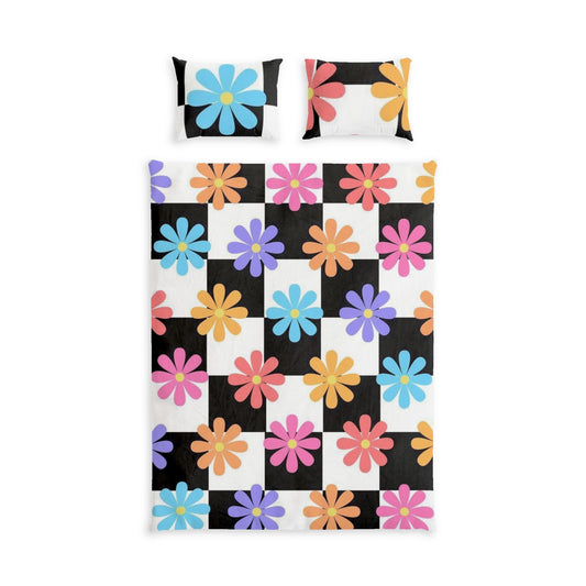 Floral Check Cotton Bed Set — Colorful Retro Daisy Duvet Cover & Pillowcases