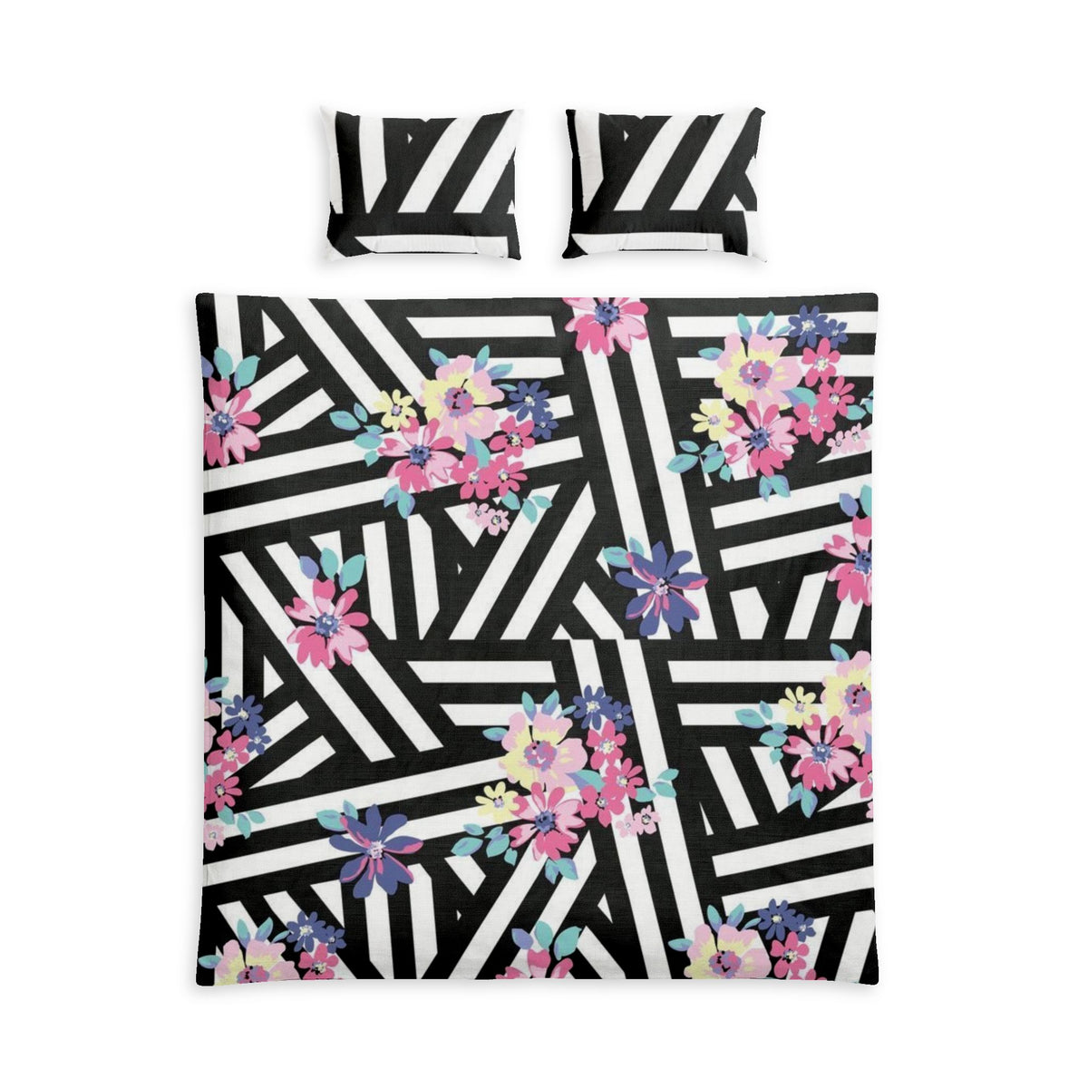 Floral Geometric Cotton Duvet Cover Set — Black & White Stripes with Pink Blooms