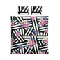 Floral Geometric Cotton Duvet Cover Set — Black & White Stripes with Pink Blooms