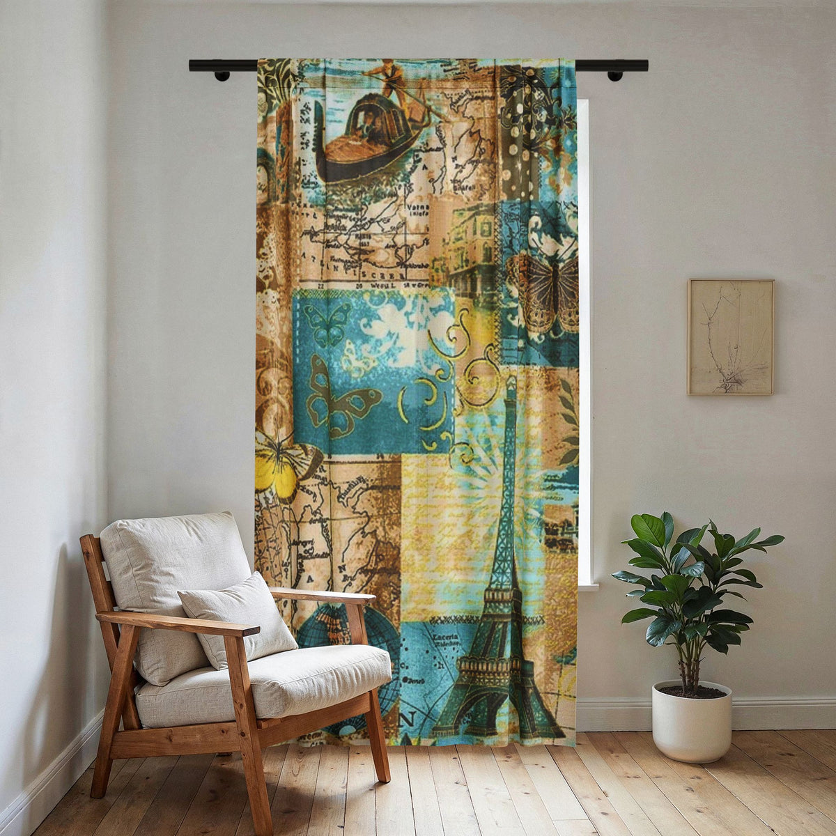 Paris Vintage Collage Sheer Curtain – Eiffel Tower Travel Map Design