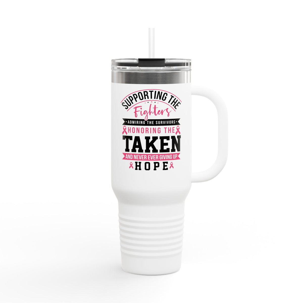 Breast Cancer Support 40oz Insulated Travel Mug — "Supporting the Fighters"