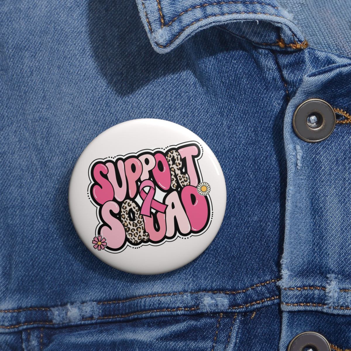Breast Cancer Support Squad Pin Button — Pink Ribbon Leopard Badge