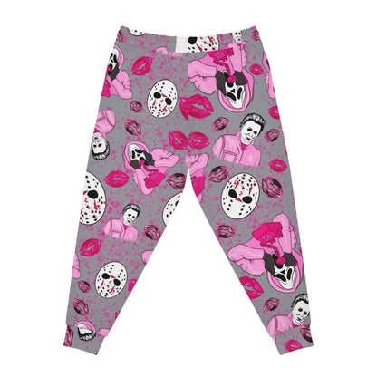 Horror Icon Pattern Joggers — Pink Slasher Kiss All-Over Print