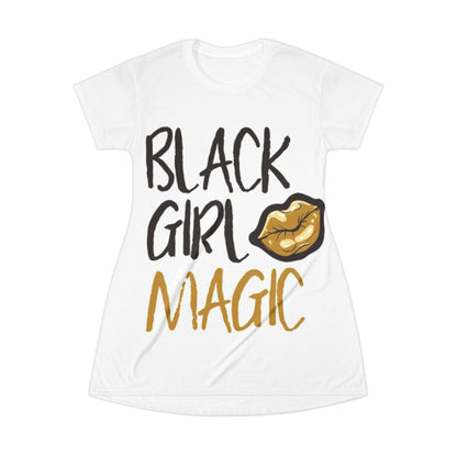 Black Girl Magic T‑Shirt Dress — Gold Lips Graphic