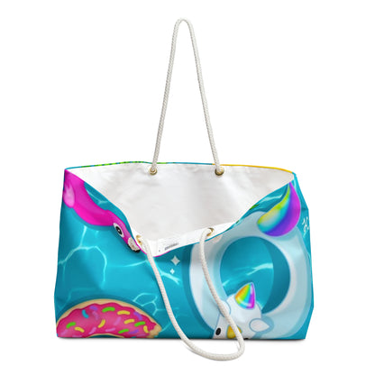 Colorful Summer Pool Party Vacay Tote Bag with Unicorn and Flamingo Design