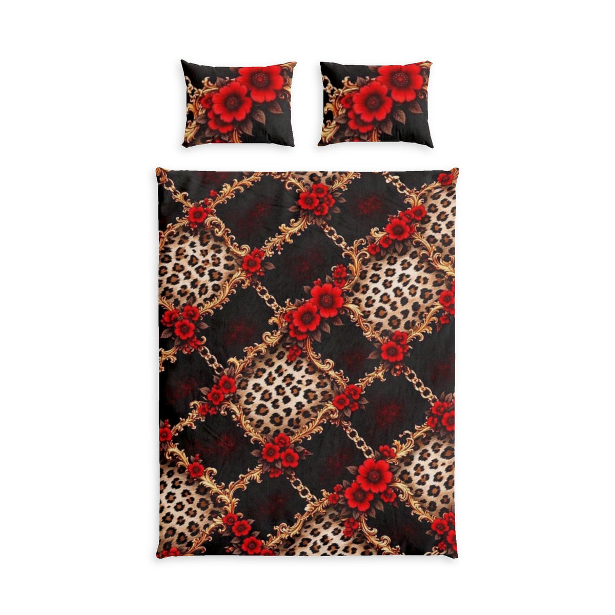 Leopard Chain Floral Cotton Bed Set — Red Rose Duvet Cover