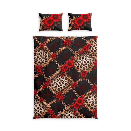 Leopard Chain Floral Cotton Bed Set — Red Rose Duvet Cover