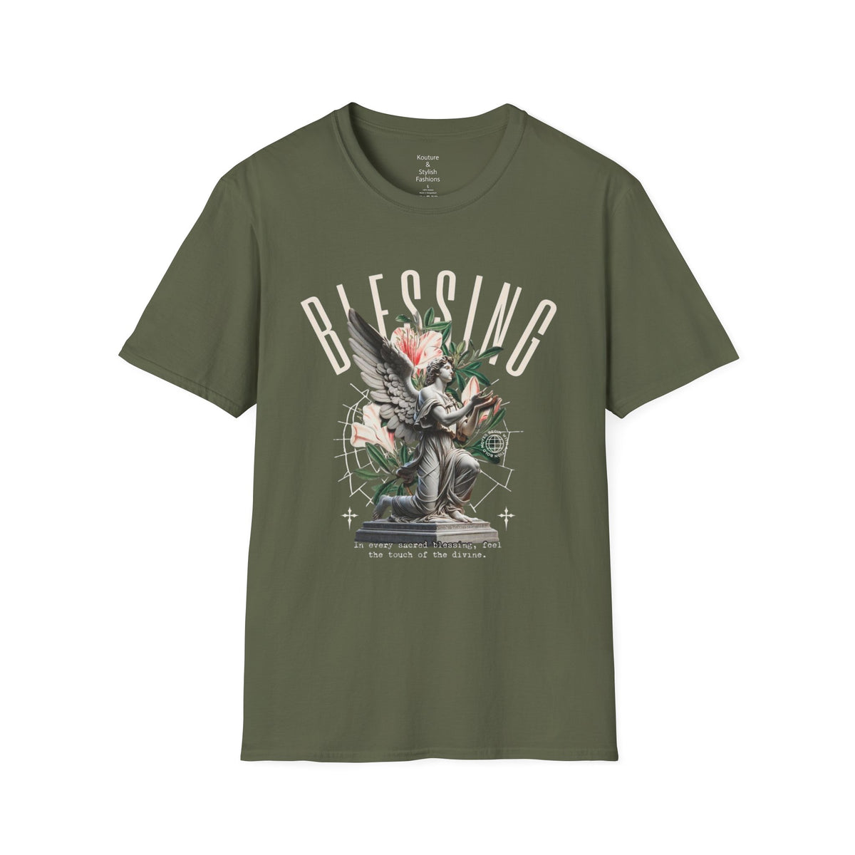 Blessing Angel Graphic T‑Shirt — Faith Inspired Floral Statue Tee