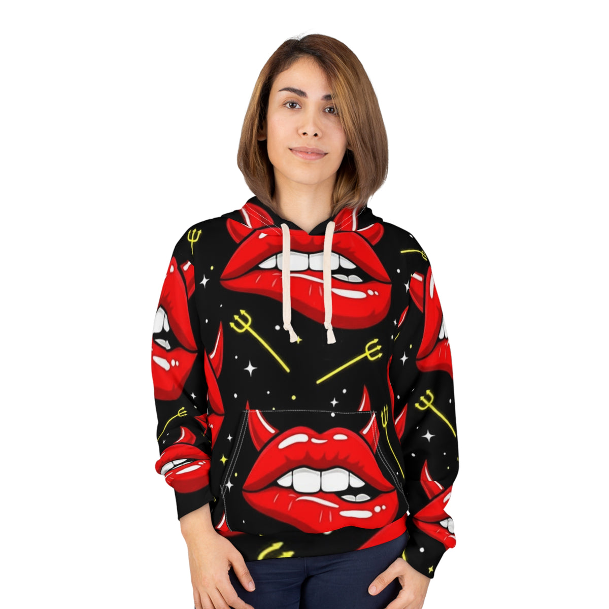 Devil Lips Hoodie – Bold Red Lip Print All-Over Pullover