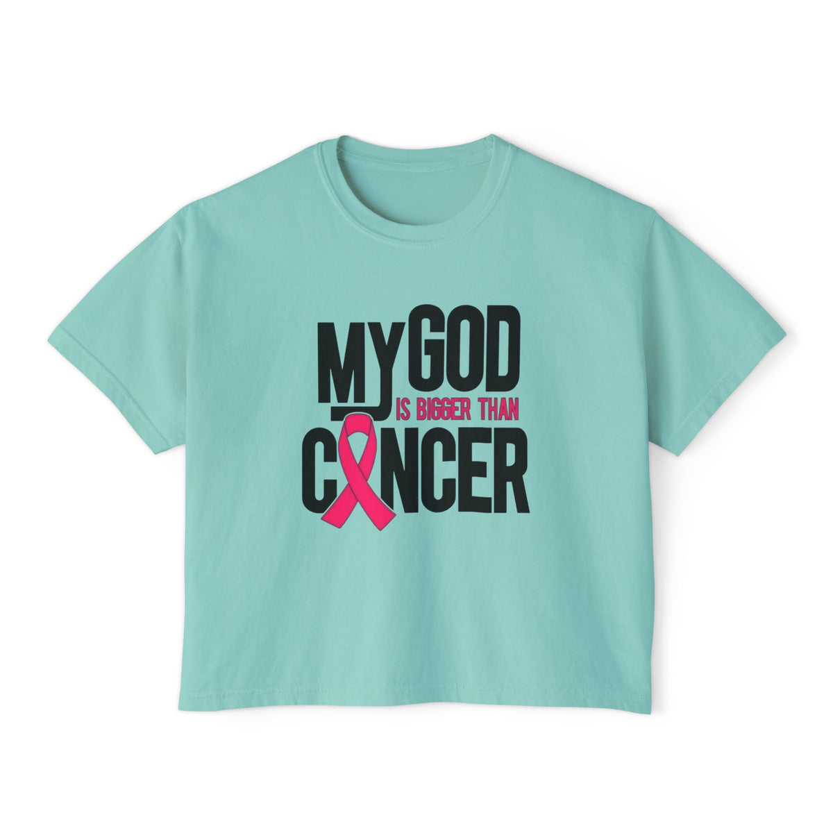 Boxy Tee — "My God Is Bigger Than Cancer" Pink Ribbon Breast Cancer Awareness Shirt