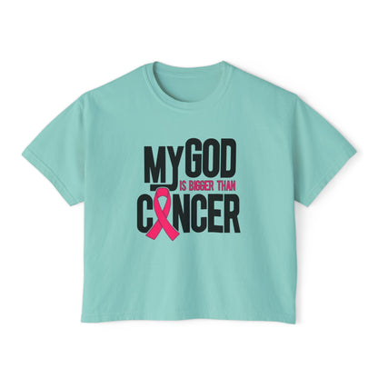 Boxy Tee — "My God Is Bigger Than Cancer" Pink Ribbon Breast Cancer Awareness Shirt