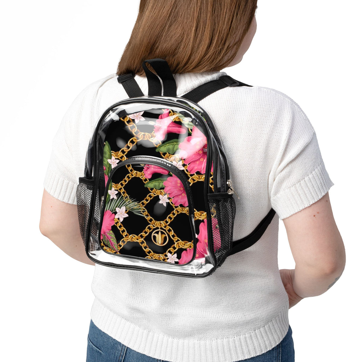 Clear Stadium Backpack — Floral Gold Chain Print Clear Bag