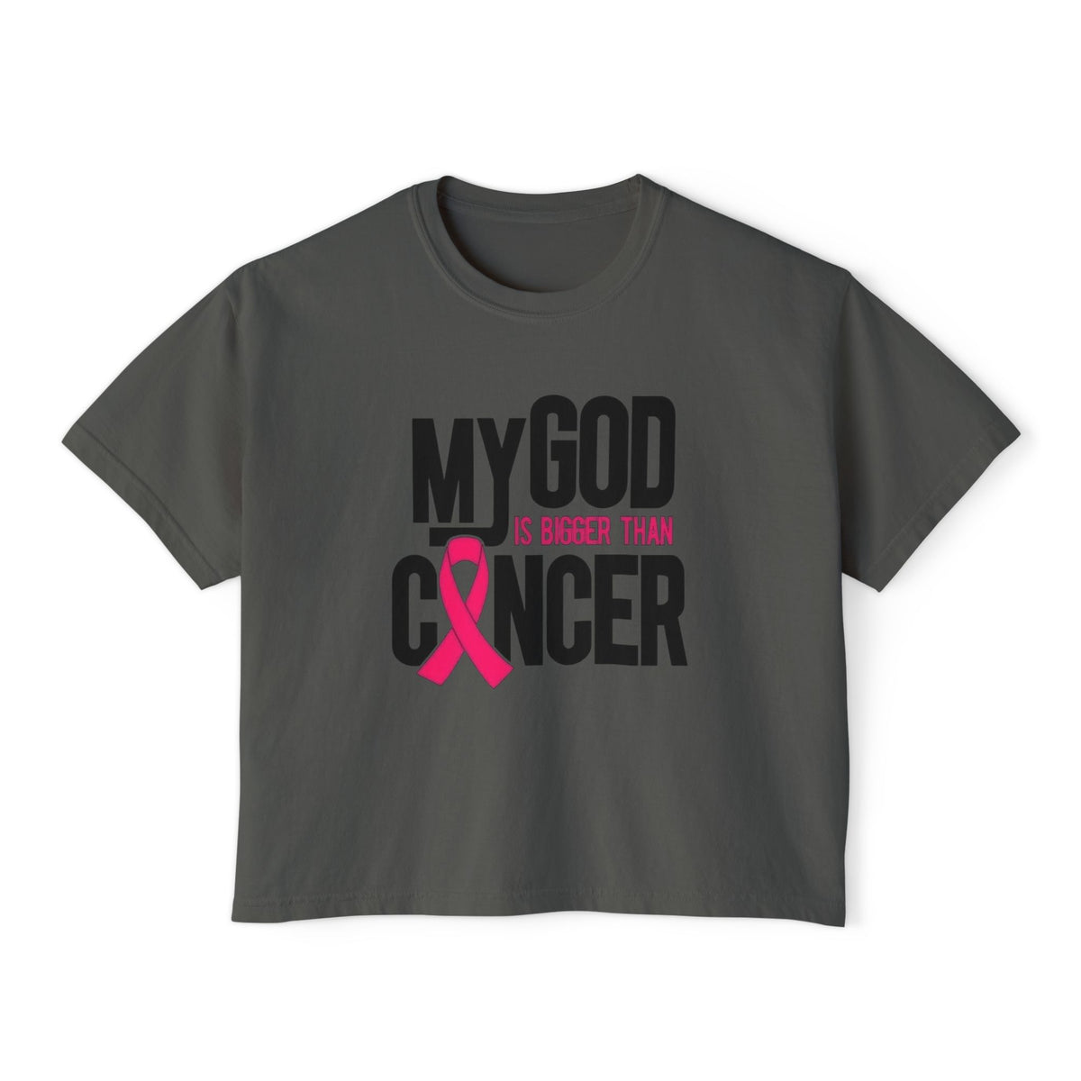 Boxy Tee — "My God Is Bigger Than Cancer" Pink Ribbon Breast Cancer Awareness Shirt