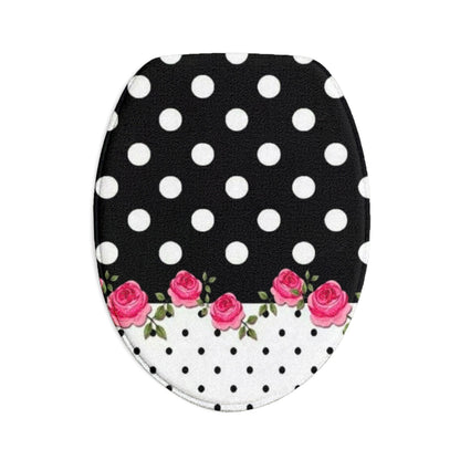 Polka Dot & Pink Rose Bath Mat Set — 3-Piece Floral Bathroom Rug Set