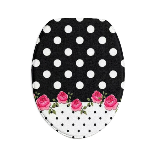 Polka Dot & Pink Rose Bath Mat Set — 3-Piece Floral Bathroom Rug Set