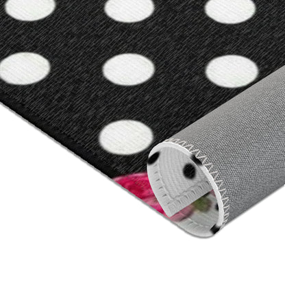 Polka Dot Rose Area Rug — Black & White Vintage Floral Accent Rug
