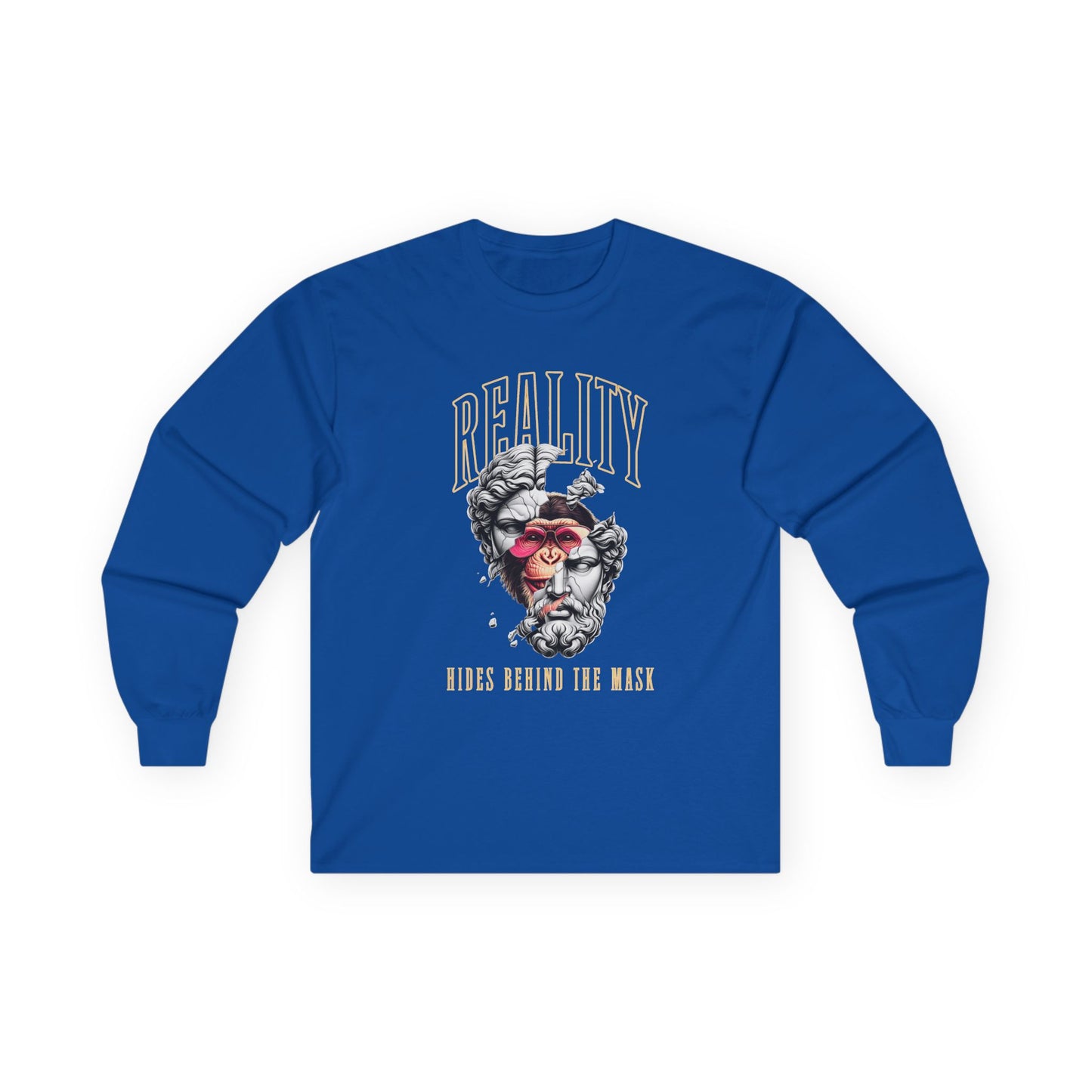 Long Sleeve Tee — 'Reality Hides Behind The Mask' Vintage Statue Face Graphic