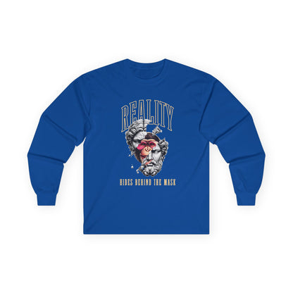 Long Sleeve Tee — 'Reality Hides Behind The Mask' Vintage Statue Face Graphic