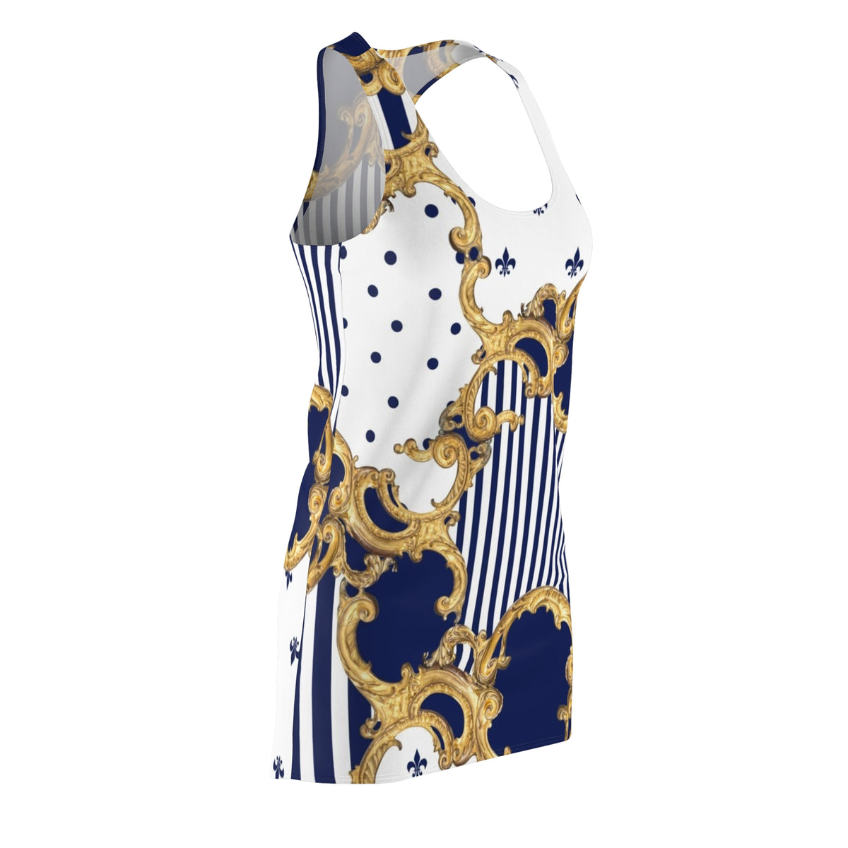 Baroque Gold & Navy Racerback Dress — Striped Fleur-de-Lis