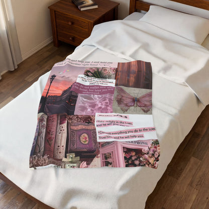 Velveteen Plush Blanket — Pink Vintage Butterfly Collage with Psalm 37:4-5