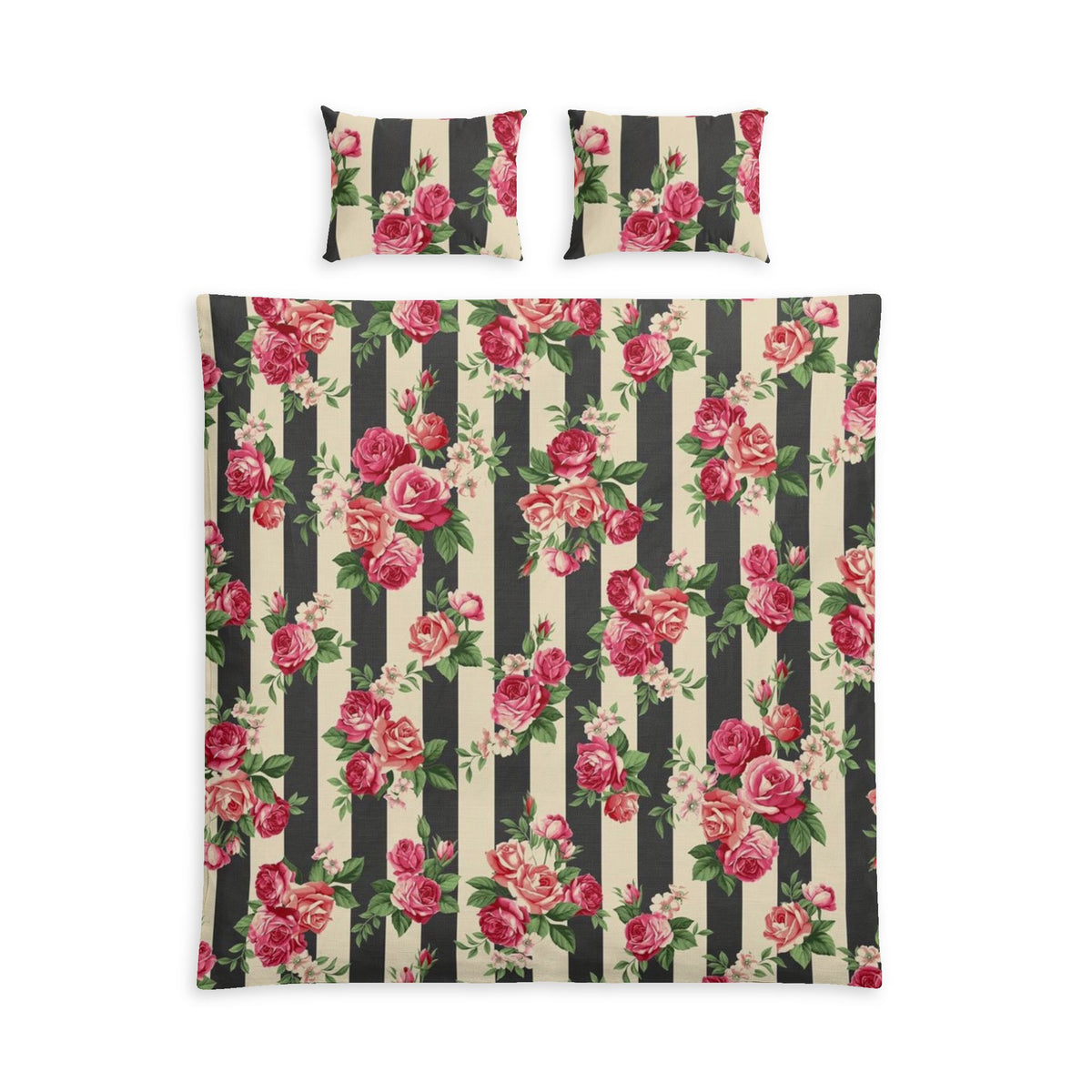 Floral Stripe Cotton Bed Set — Vintage Rose Duvet Cover & Pillowcases