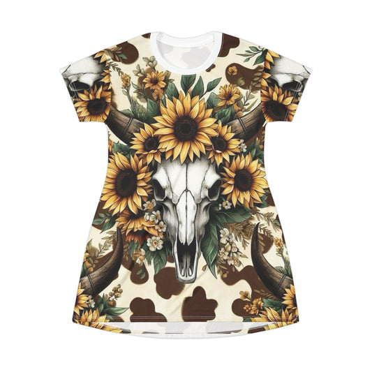 Western Style T-Shirt Dress with Bull Horns and Sunflowers Design
