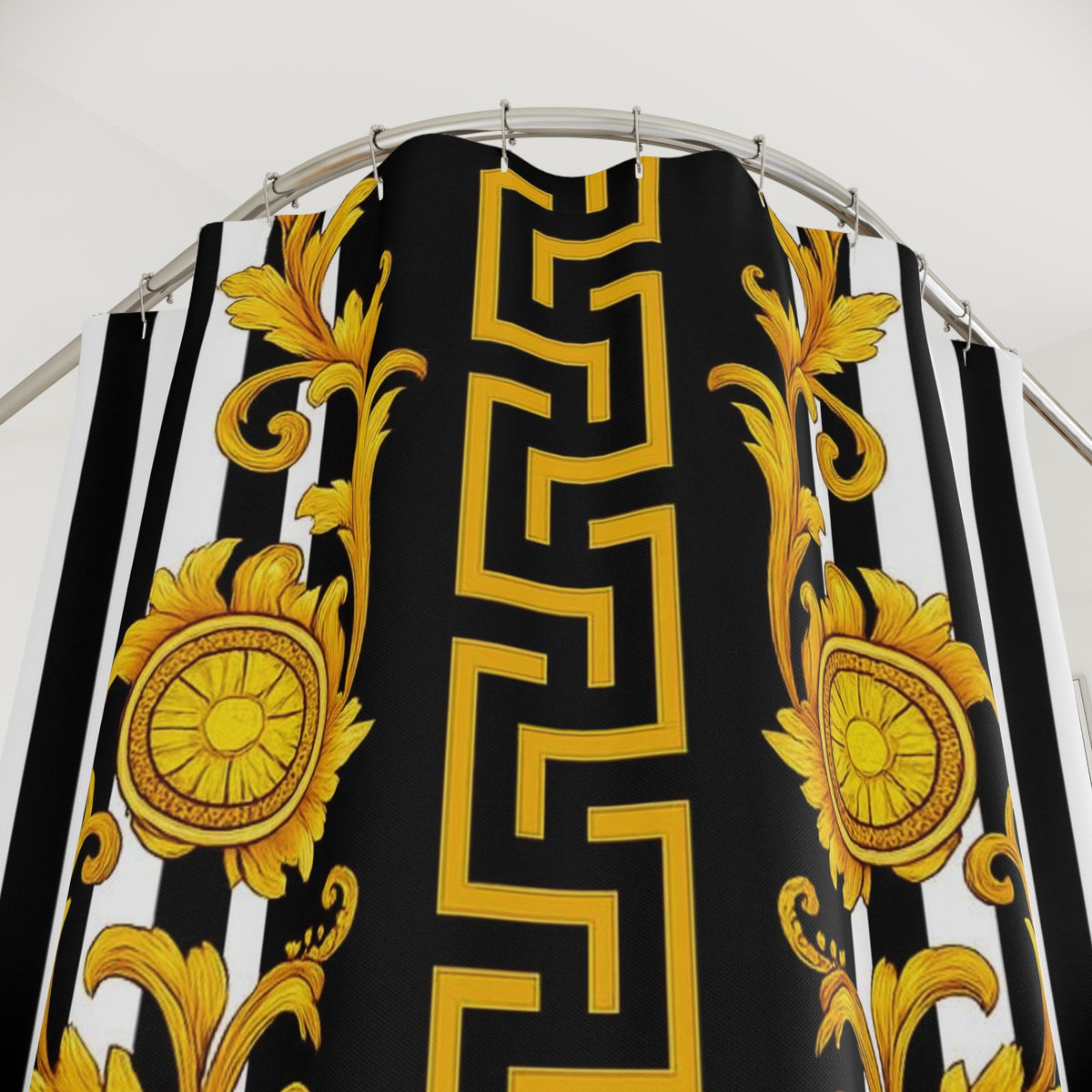 Baroque Gold Scroll Shower Curtain — Black & White Striped Bathroom Decor