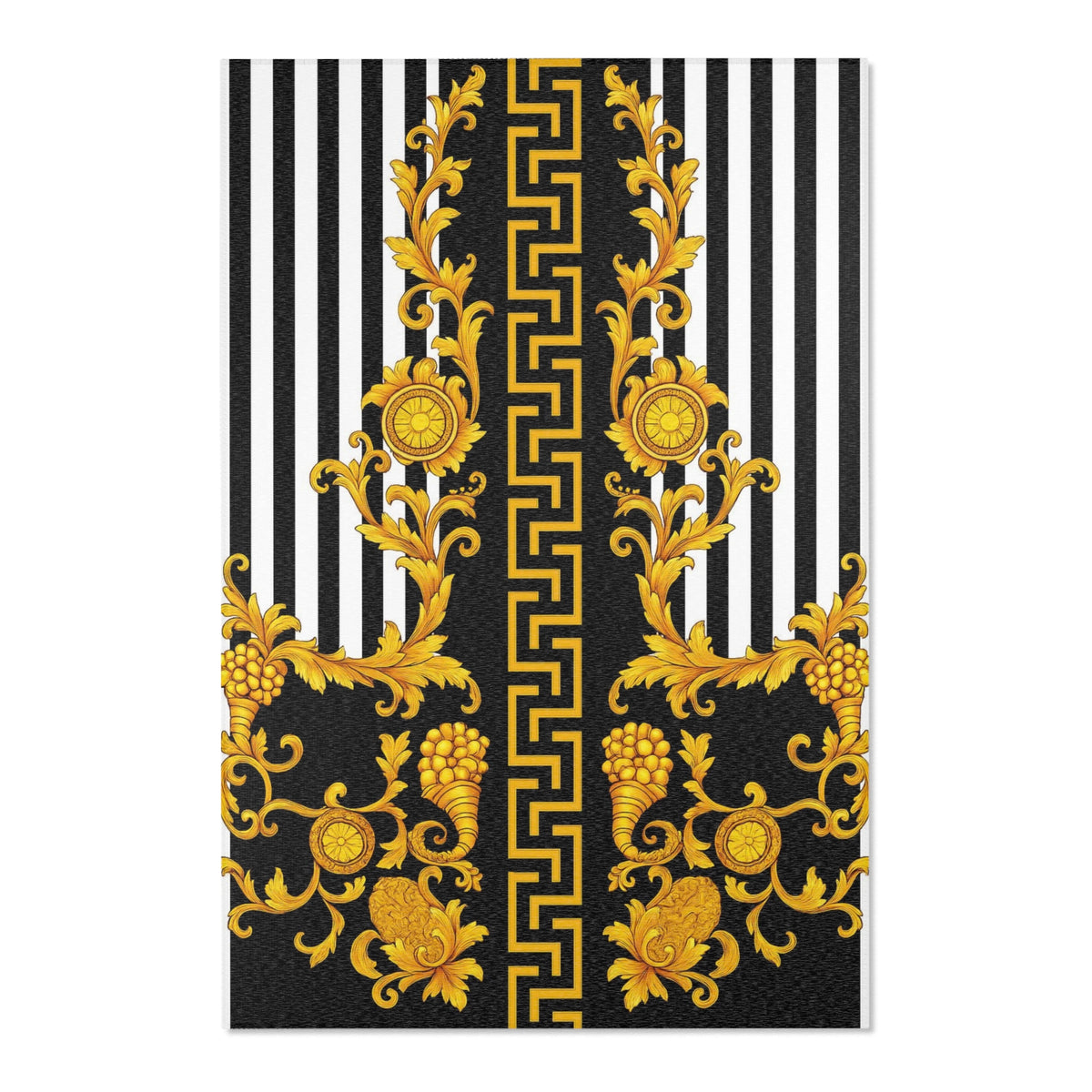 Baroque Gold Scroll Area Rug — Black & White Striped Medallion Accent Rug