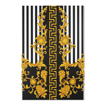Baroque Gold Scroll Area Rug — Black & White Striped Medallion Accent Rug