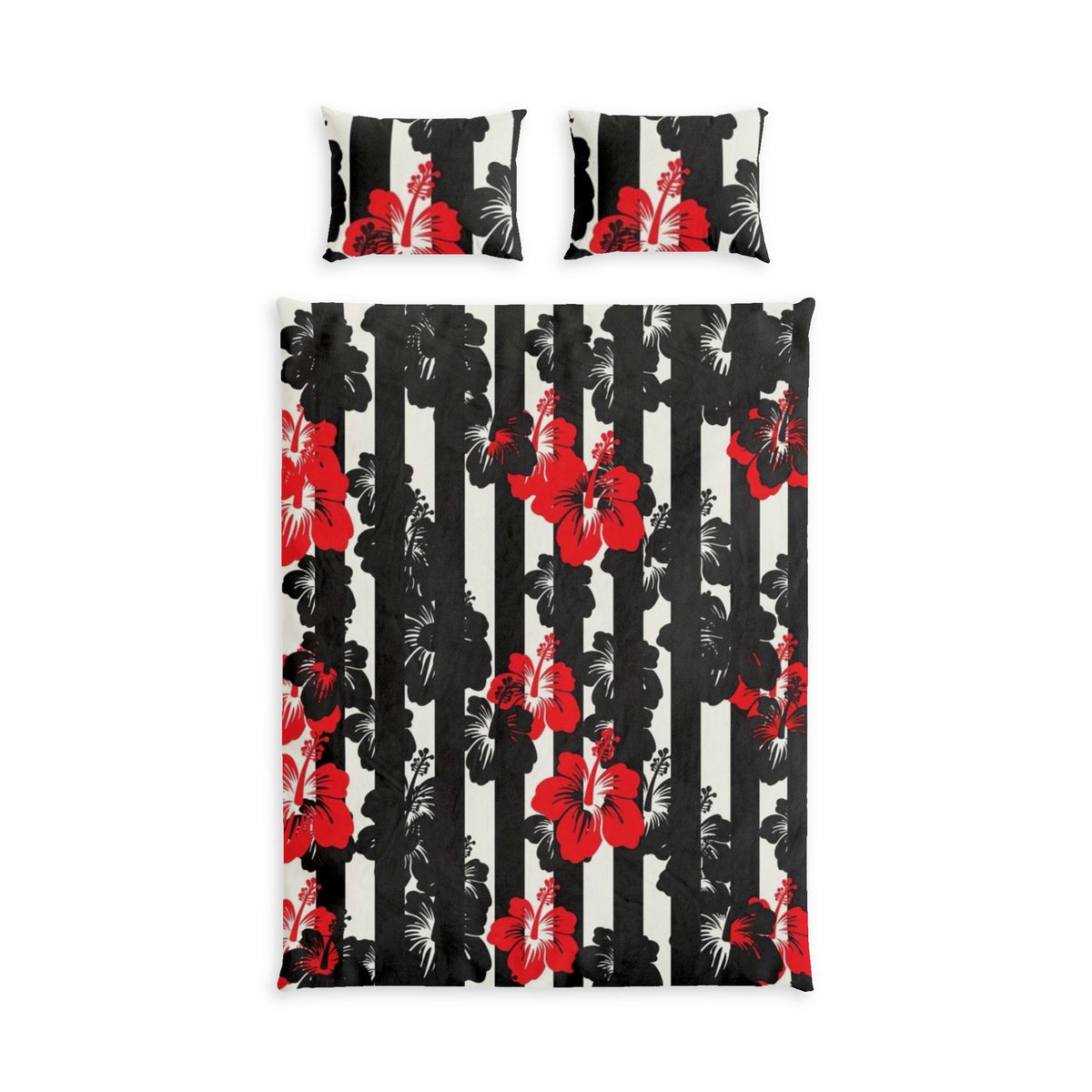 Floral Stripes Cotton Bed Set — Black & White Stripe with Red Hibiscus Bedding