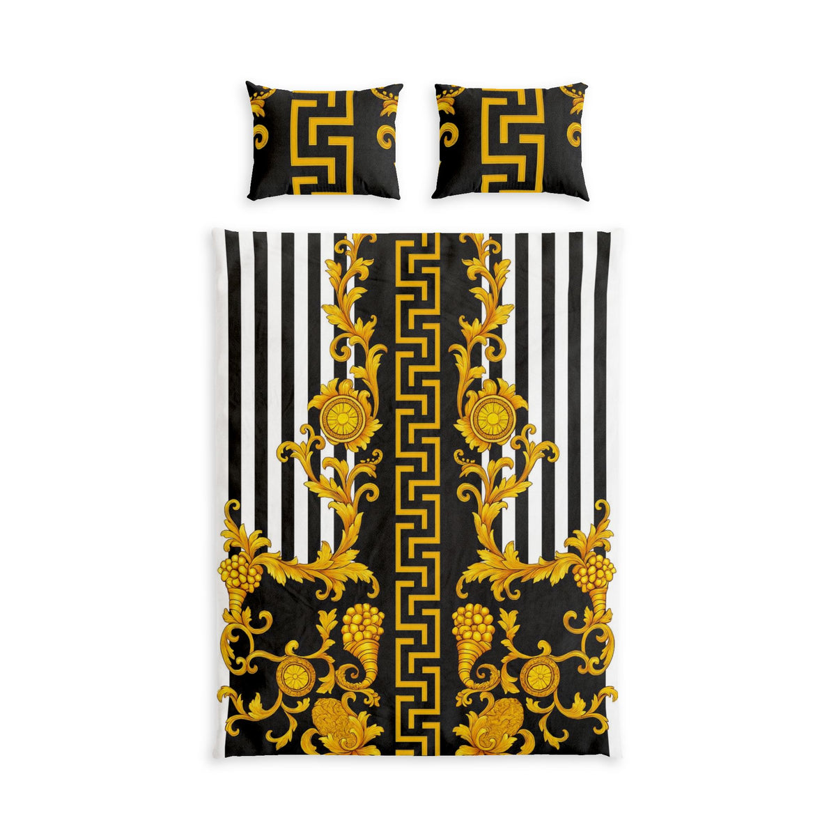 Baroque Gold Scroll Cotton Bedding Set — Black & White Striped Duvet Cover