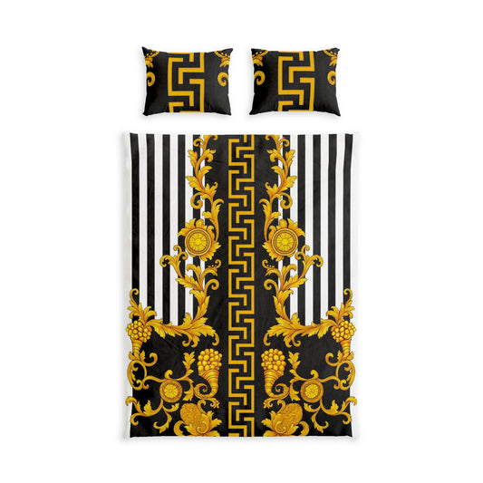 Baroque Gold Scroll Cotton Bedding Set — Black & White Striped Duvet Cover