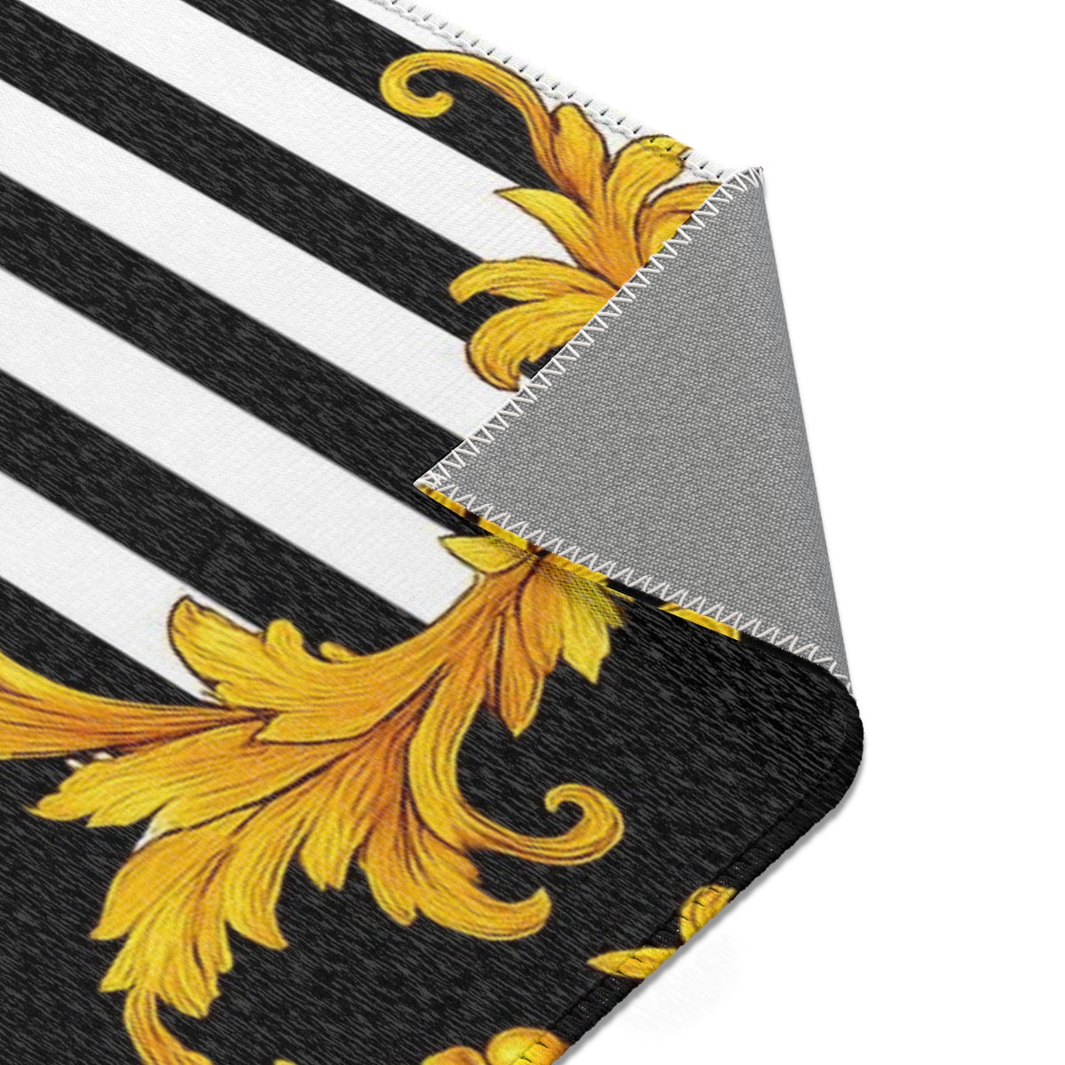 Baroque Gold Scroll Area Rug — Black & White Striped Medallion Accent Rug