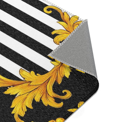 Baroque Gold Scroll Area Rug — Black & White Striped Medallion Accent Rug