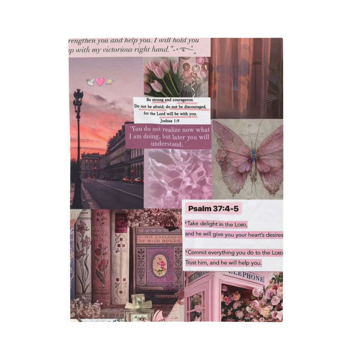Velveteen Plush Blanket — Pink Vintage Butterfly Collage with Psalm 37:4-5