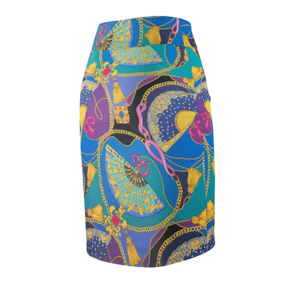 Retro Fan-Print Pencil Skirt — Colorful Baroque Chain & Fan Pattern