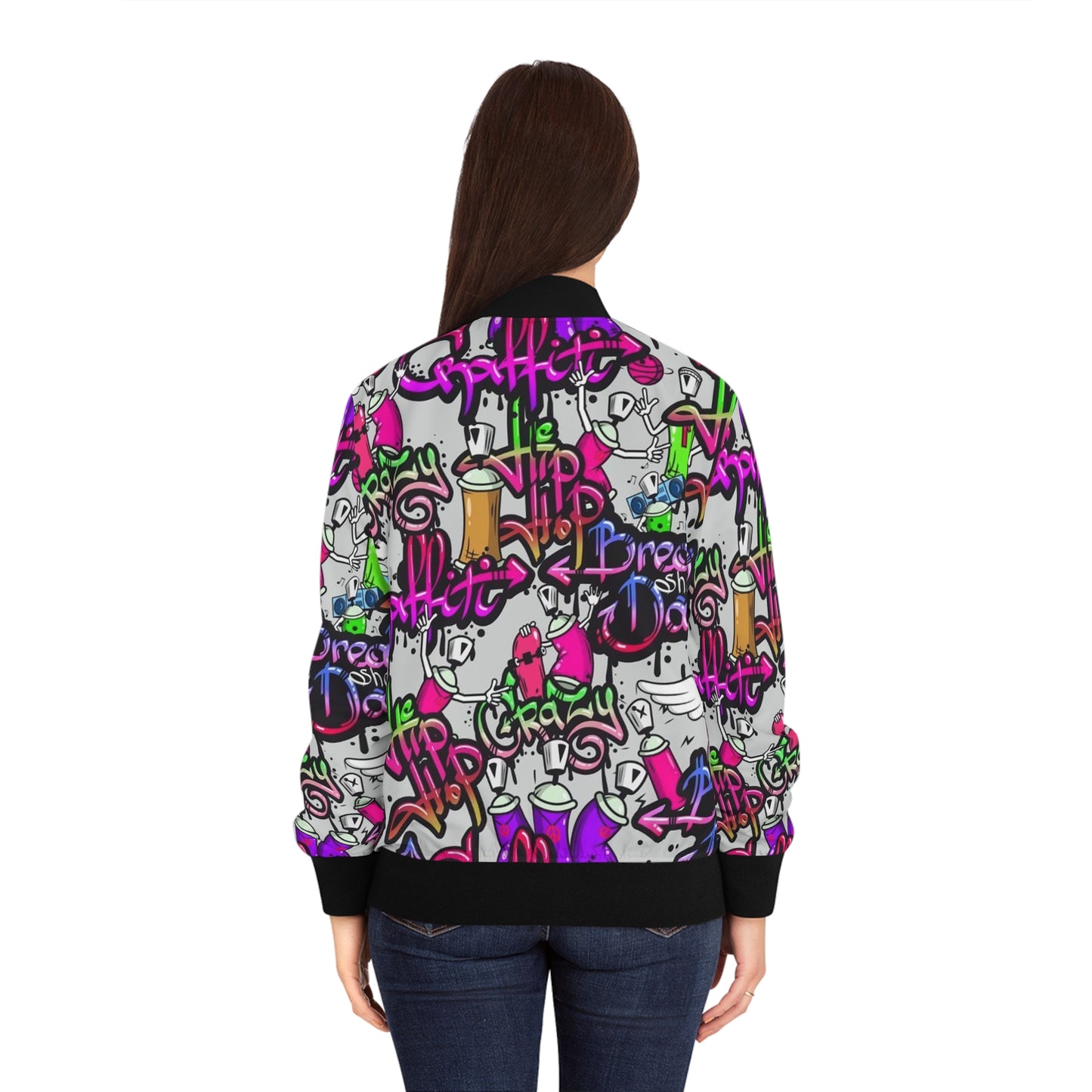 Vibrant Women's Bomber Jacket, Trendy Streetwear, Graffiti Art Jacket, Hip Hop Fashion, Unique Gift for Her