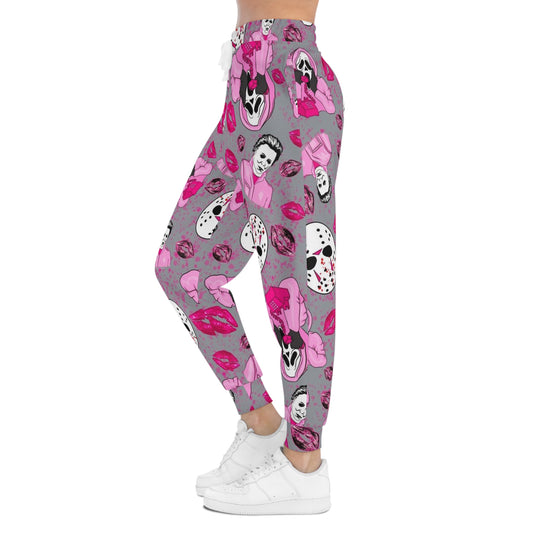 Horror Icon Pattern Joggers — Pink Slasher Kiss All-Over Print